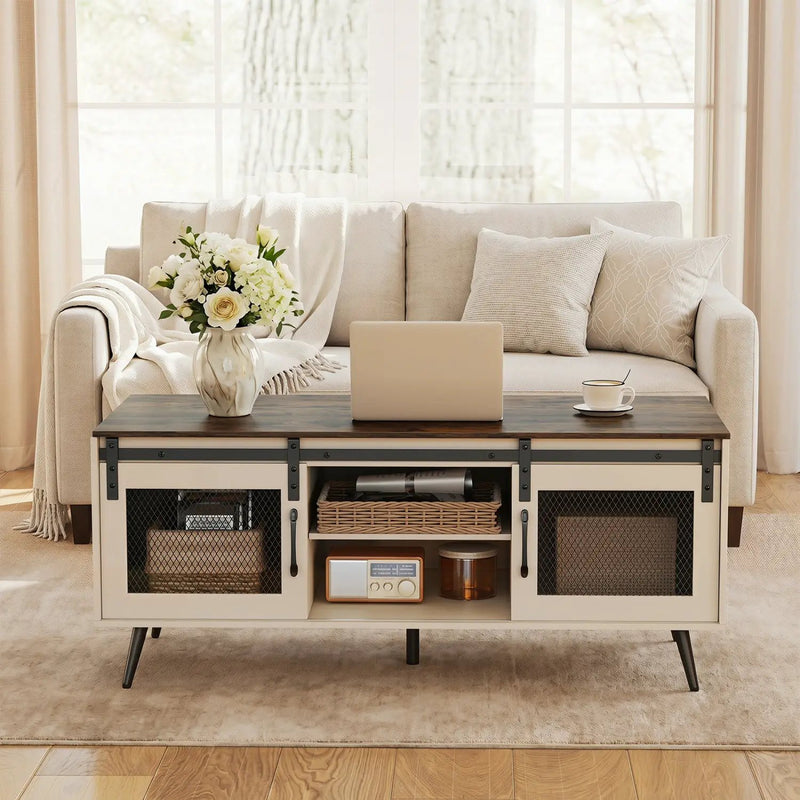 Farmhouse Coffee Table with Sliding Doors and Adjustable Shelf by DirectDeals