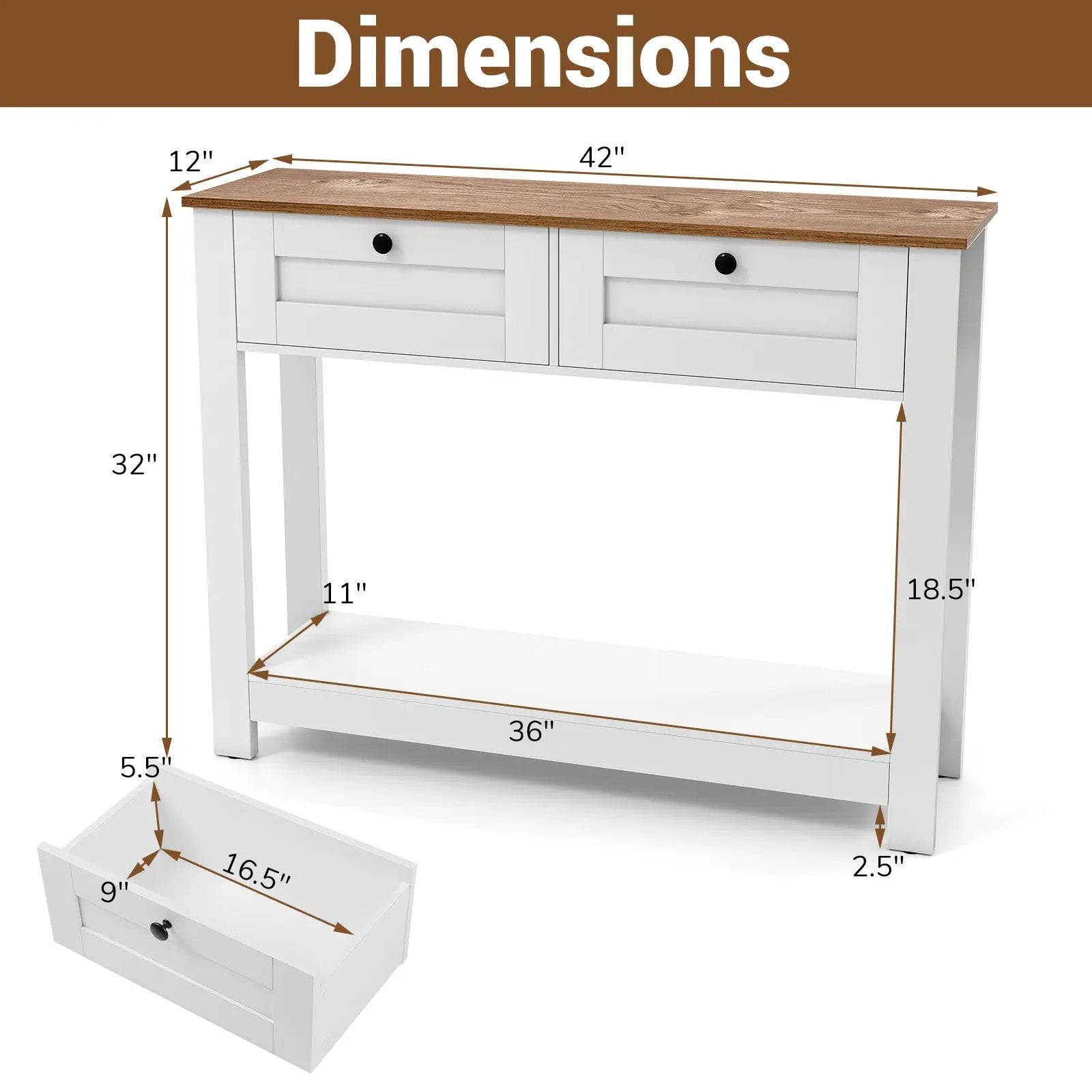 Farmhouse Console Table with 2 Drawers 42 inch Long Narrow Entryway Table by DirectDeals