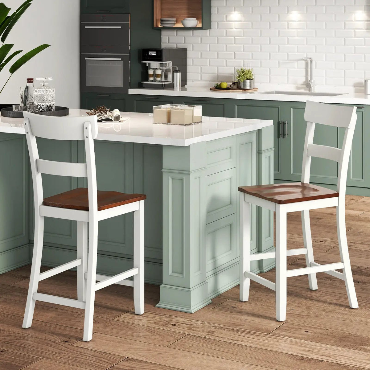 Farmhouse Dining Bar Stool Set of 2 with Solid Rubber Wood Frame by DirectDeals