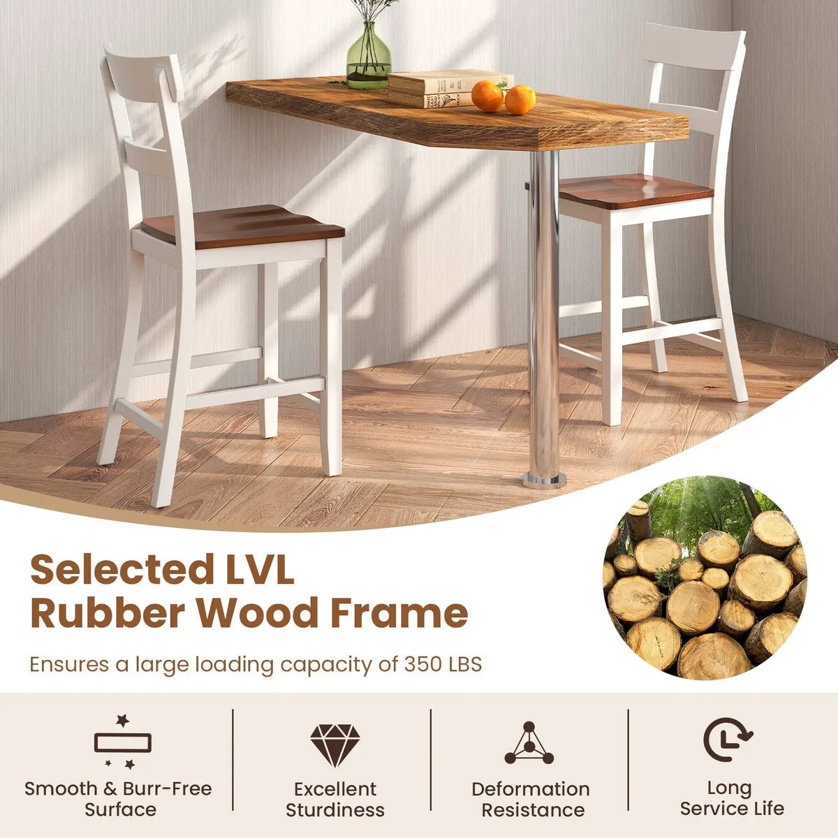 Farmhouse Dining Bar Stool Set of 2 with Solid Rubber Wood Frame by DirectDeals