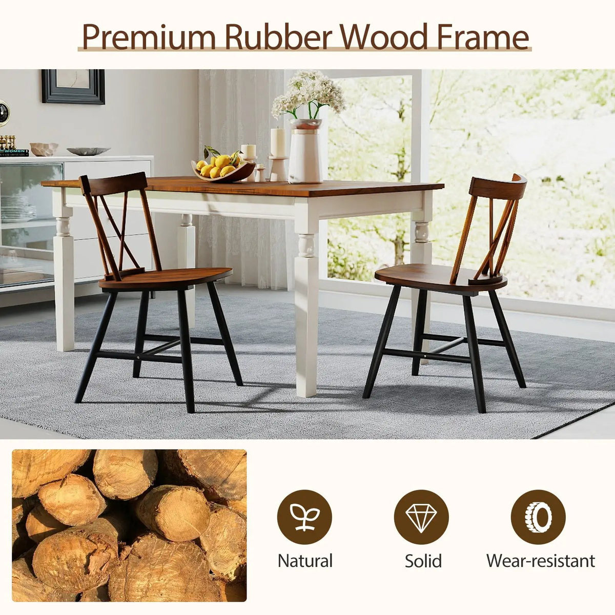 Farmhouse Kitchen Dining Chair Set of 2 with Rubber Wood Frame by DirectDeals
