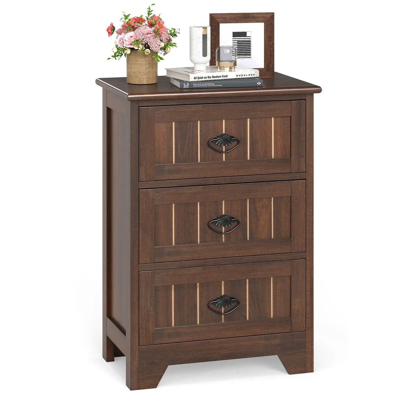 Farmhouse Nightstand with 3 Storage Drawers and Handles by DirectDeals