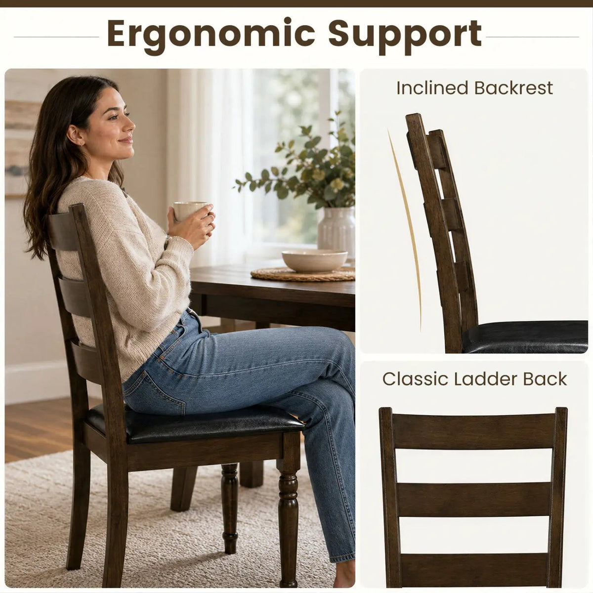 Upholstered Dining Chairs Set of 2 - Farmhouse Ladder Back by DirectDeals