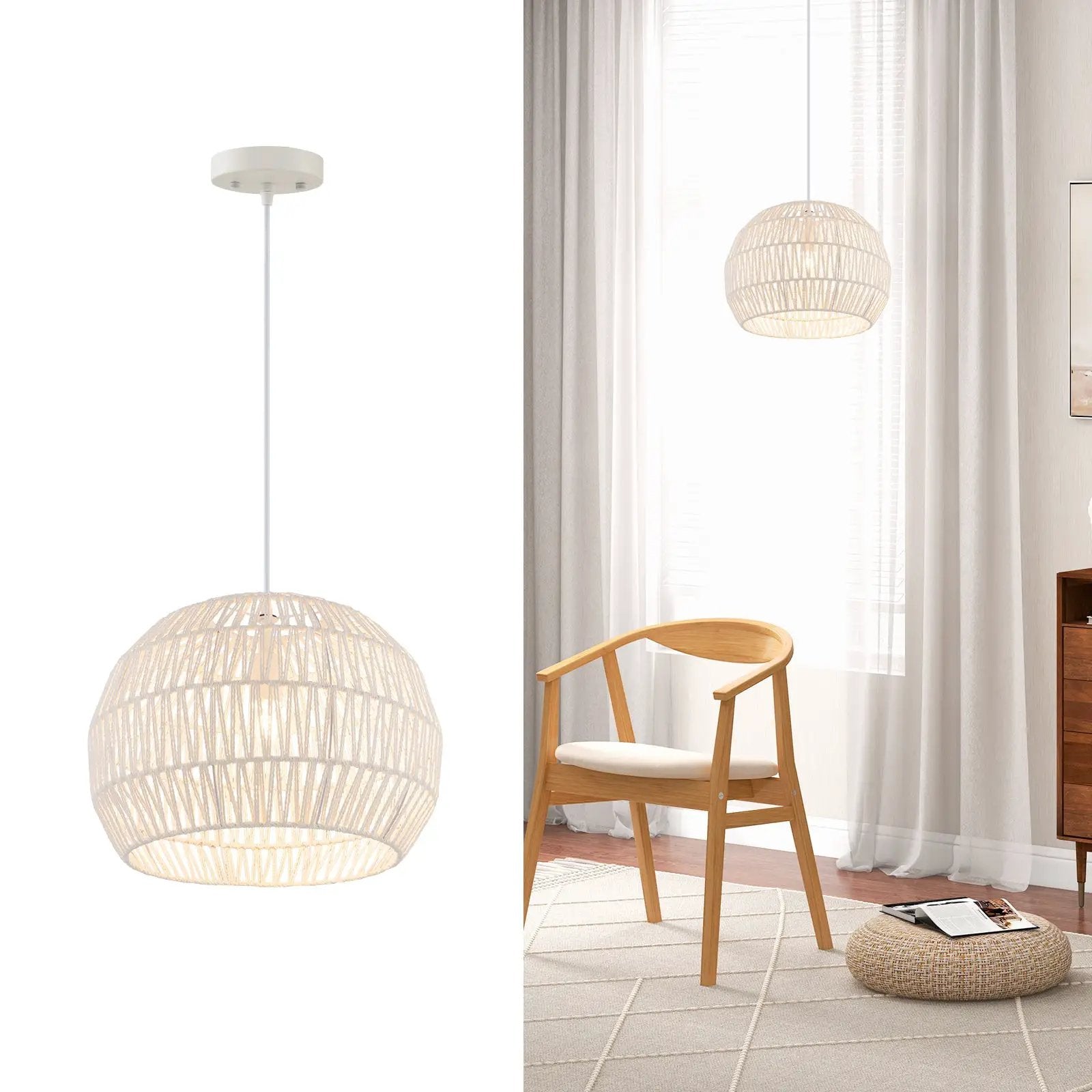 Round Farmhouse Rattan Pendant Lights with Adjustable Hanging Rope-Beige by DirectDeals