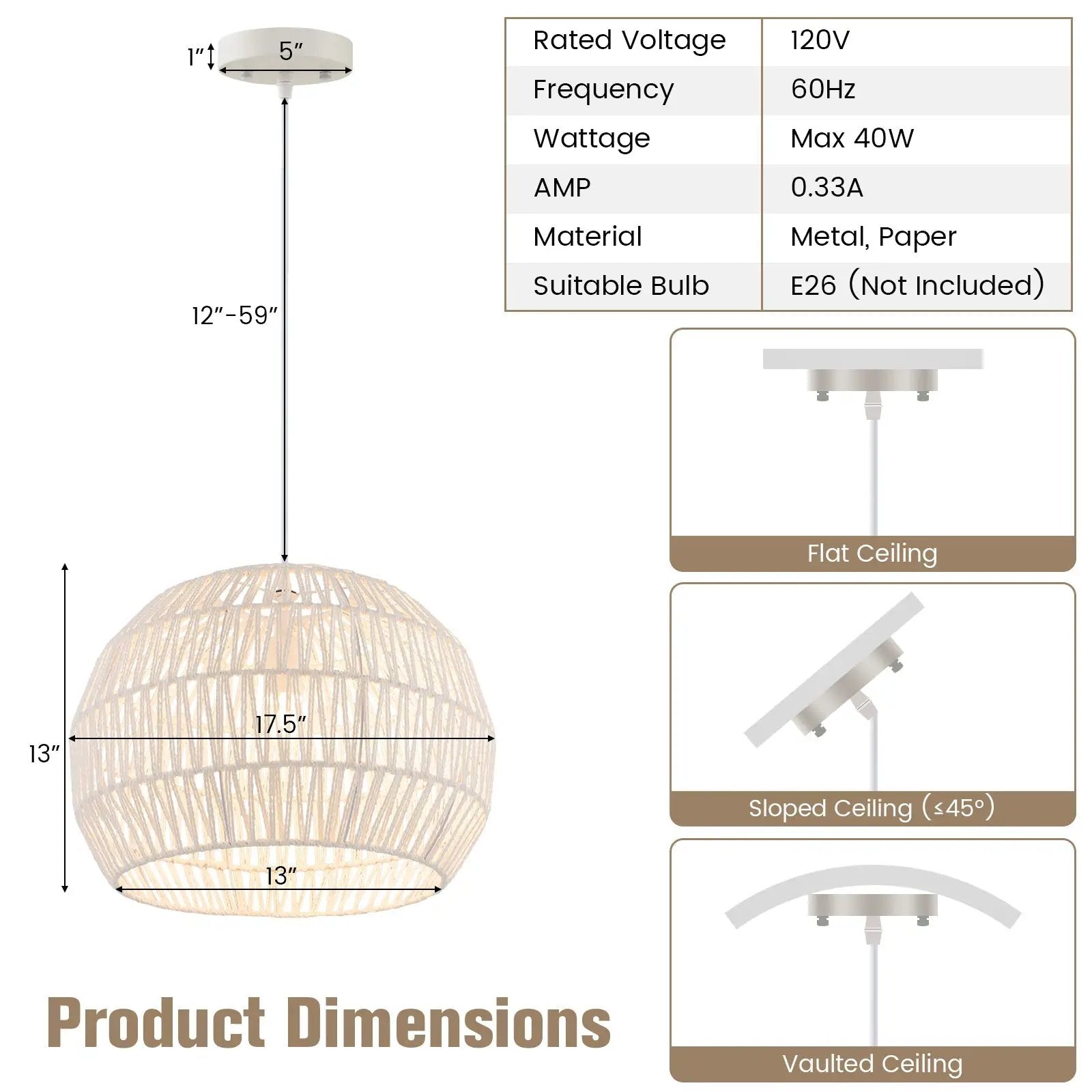 Round Farmhouse Rattan Pendant Lights with Adjustable Hanging Rope-Beige by DirectDeals