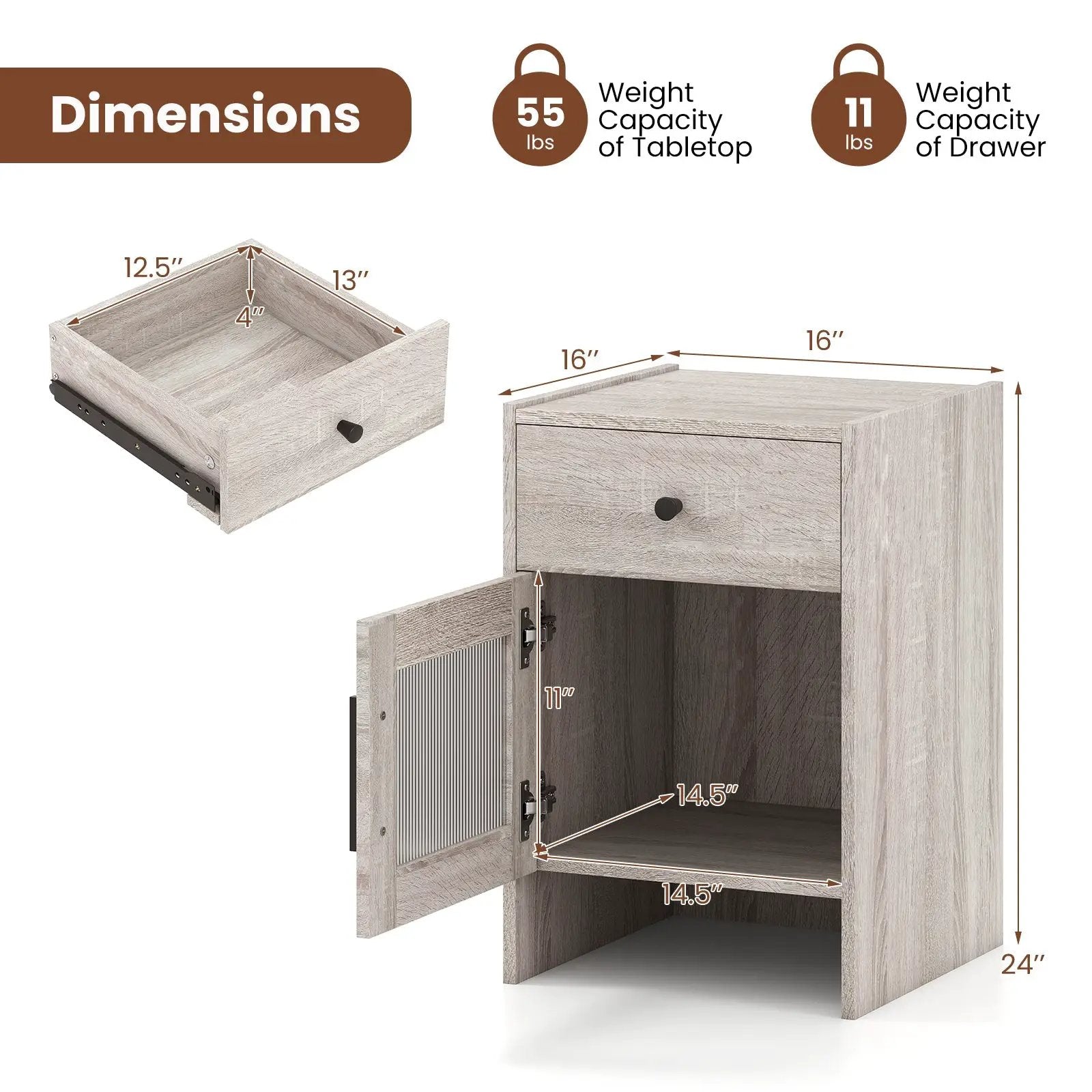 Nightstand with Drawer and Cabinet-Antique Brush White by DirectDeals