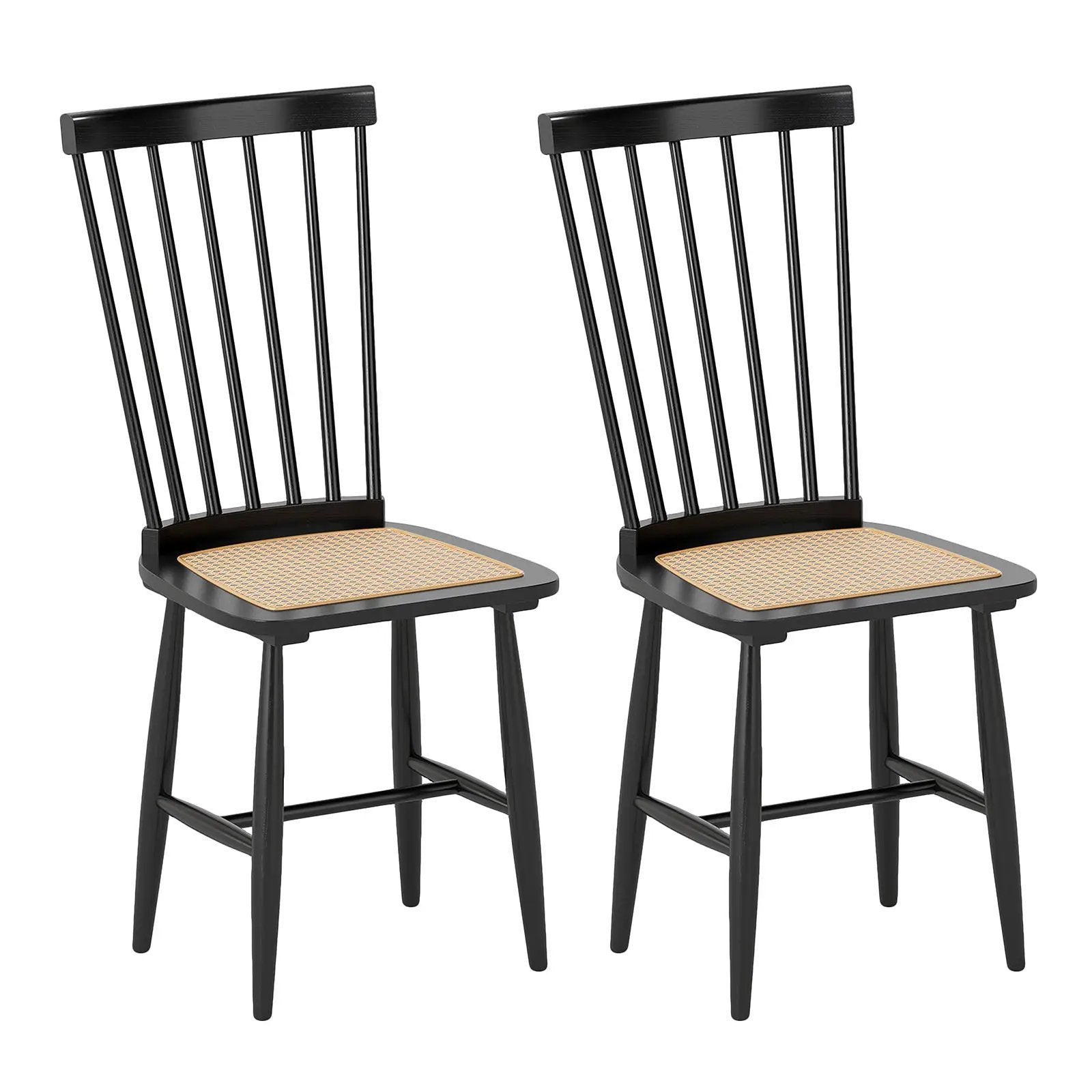 Farmhouse Solid Rubber Wood Dining Chairs Set of 2 with PE Rattan Seats-Black by DirectDeals