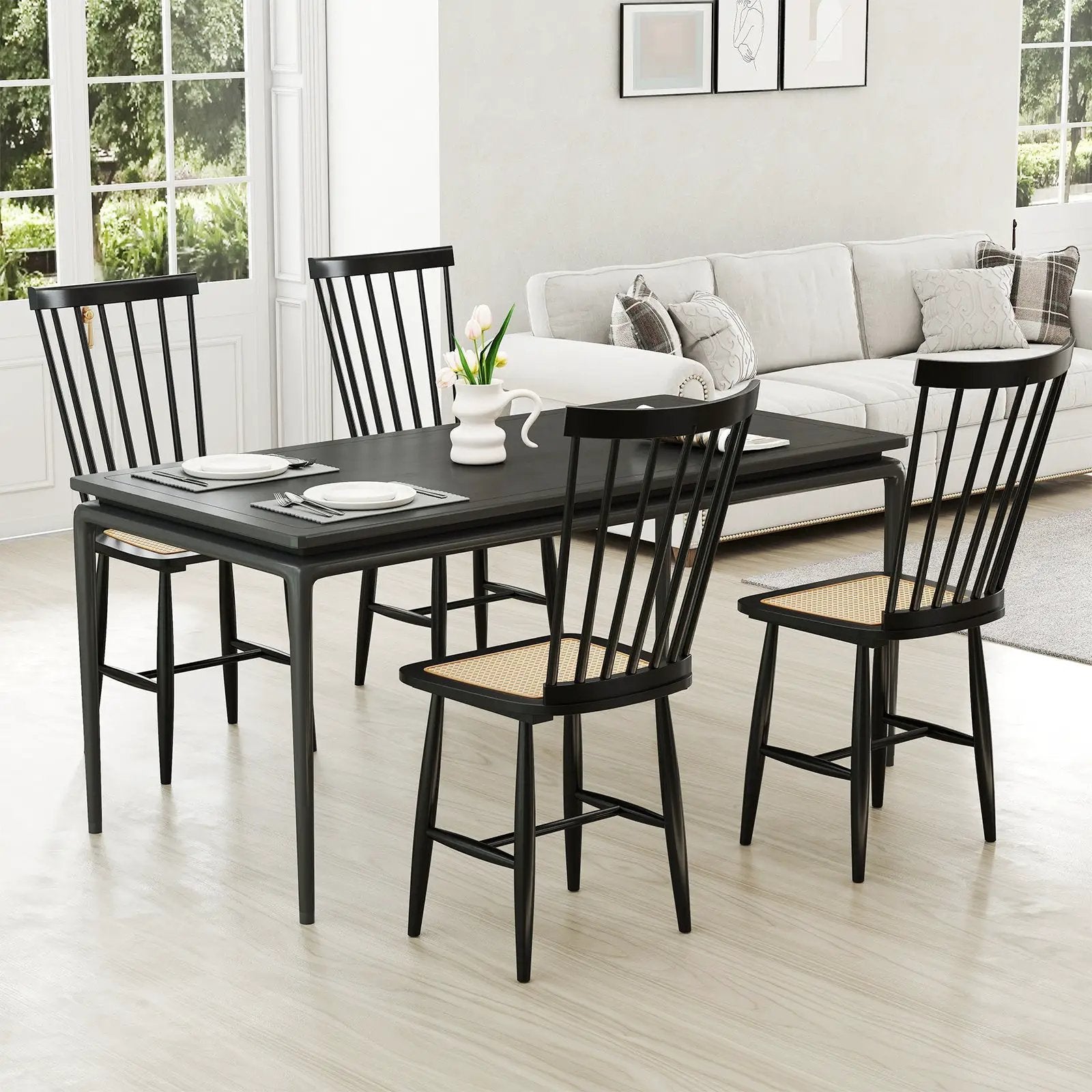 Farmhouse Solid Rubber Wood Dining Chairs Set of 2 with PE Rattan Seats-Black by DirectDeals