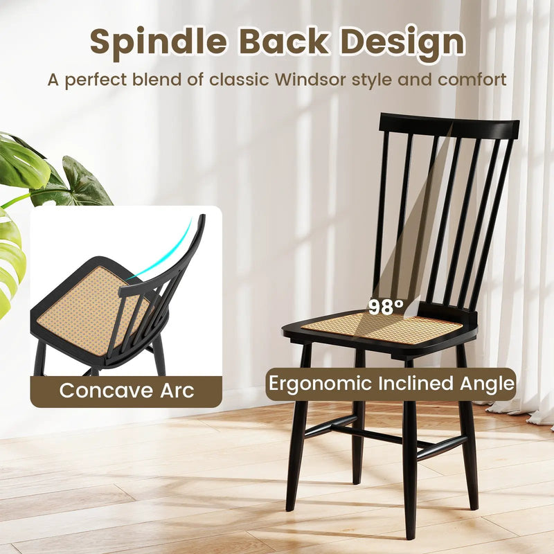 Farmhouse Solid Rubber Wood Dining Chairs Set of 2 with PE Rattan Seats-Black by DirectDeals