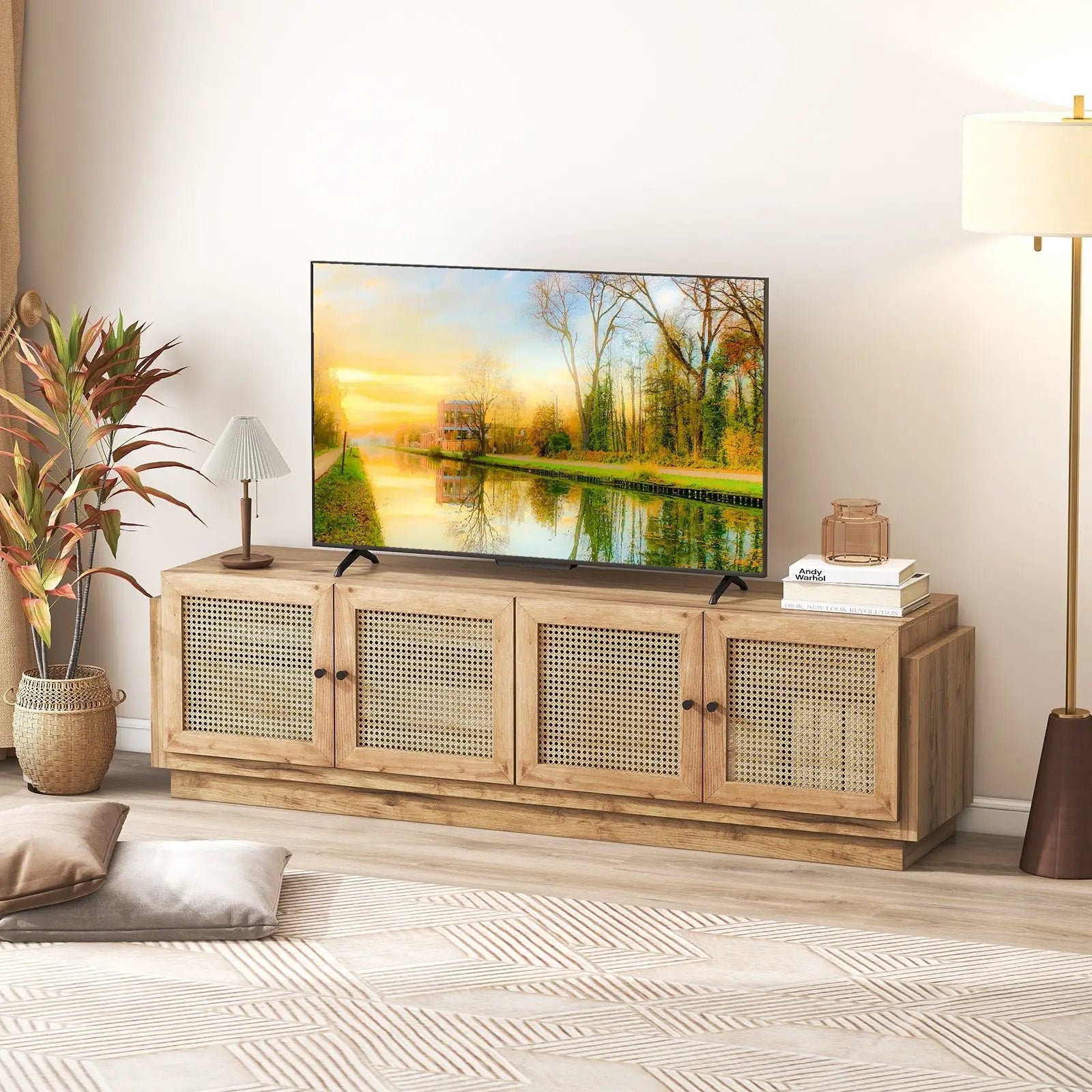 Farmhouse TV Stand for TVs up to 75 Inches with 2 Cabinets-Oak by DirectDeals