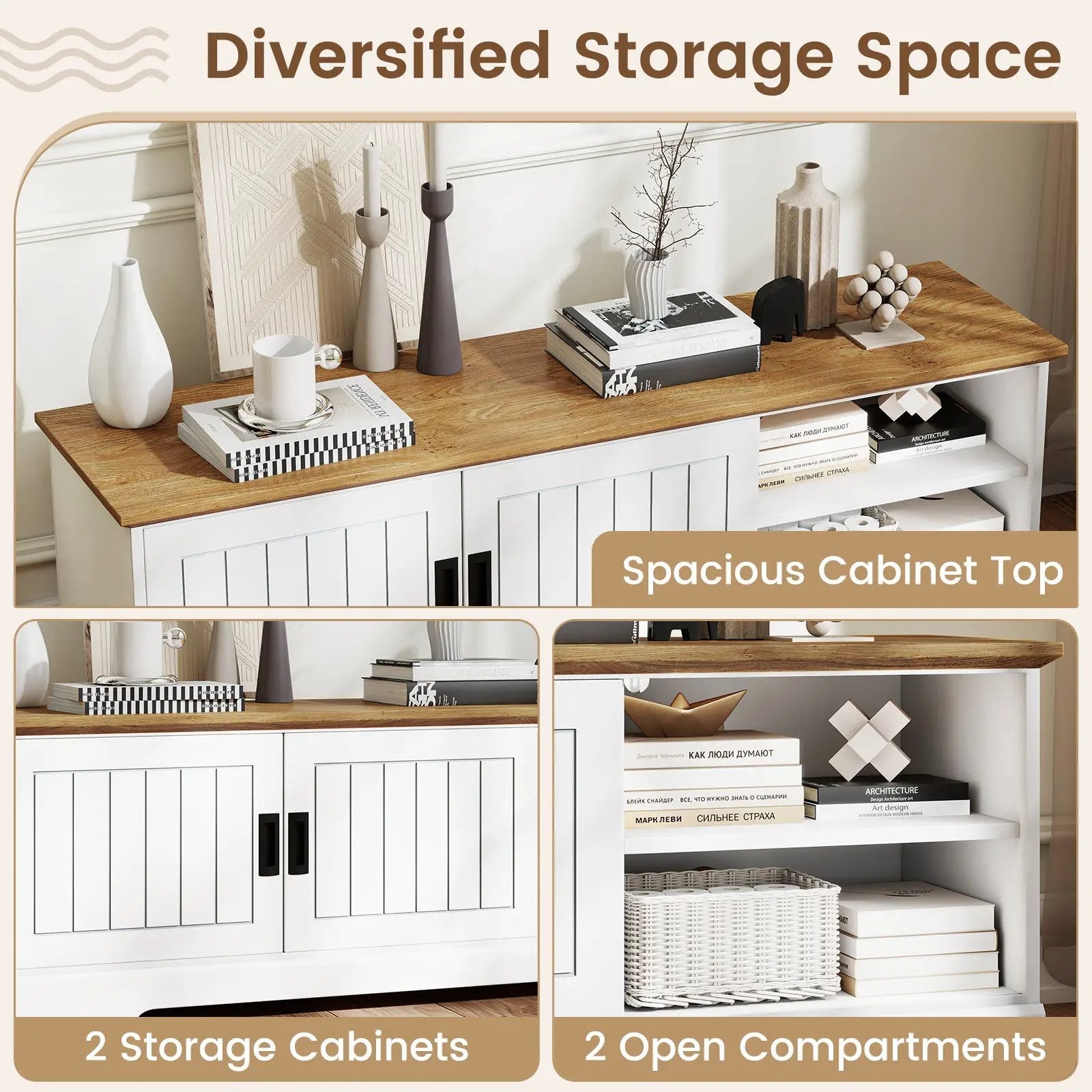 Farmhouse TV Stand for TVs up to 65 Inch with Sliding Doors and Storage Cabinets-White by DirectDeals