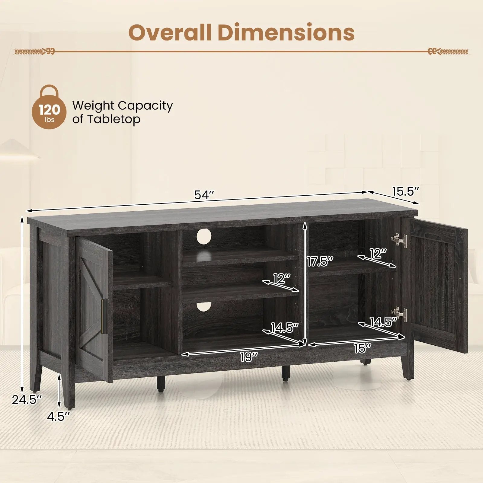 Farmhouse TV Stand for TVs up to 65 Inch Entertainment Center with 2 Storage Cabinets-Gray by DirectDeals