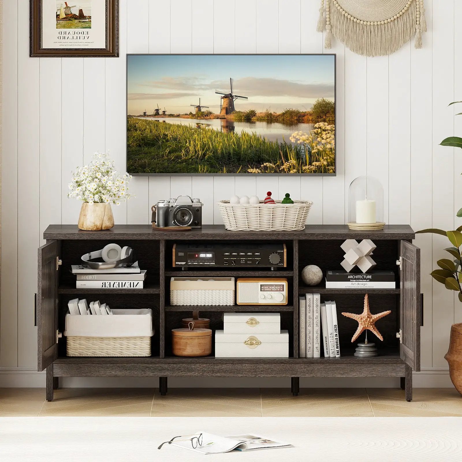 Farmhouse TV Stand for TVs up to 65 Inch Entertainment Center with 2 Storage Cabinets-Gray by DirectDeals