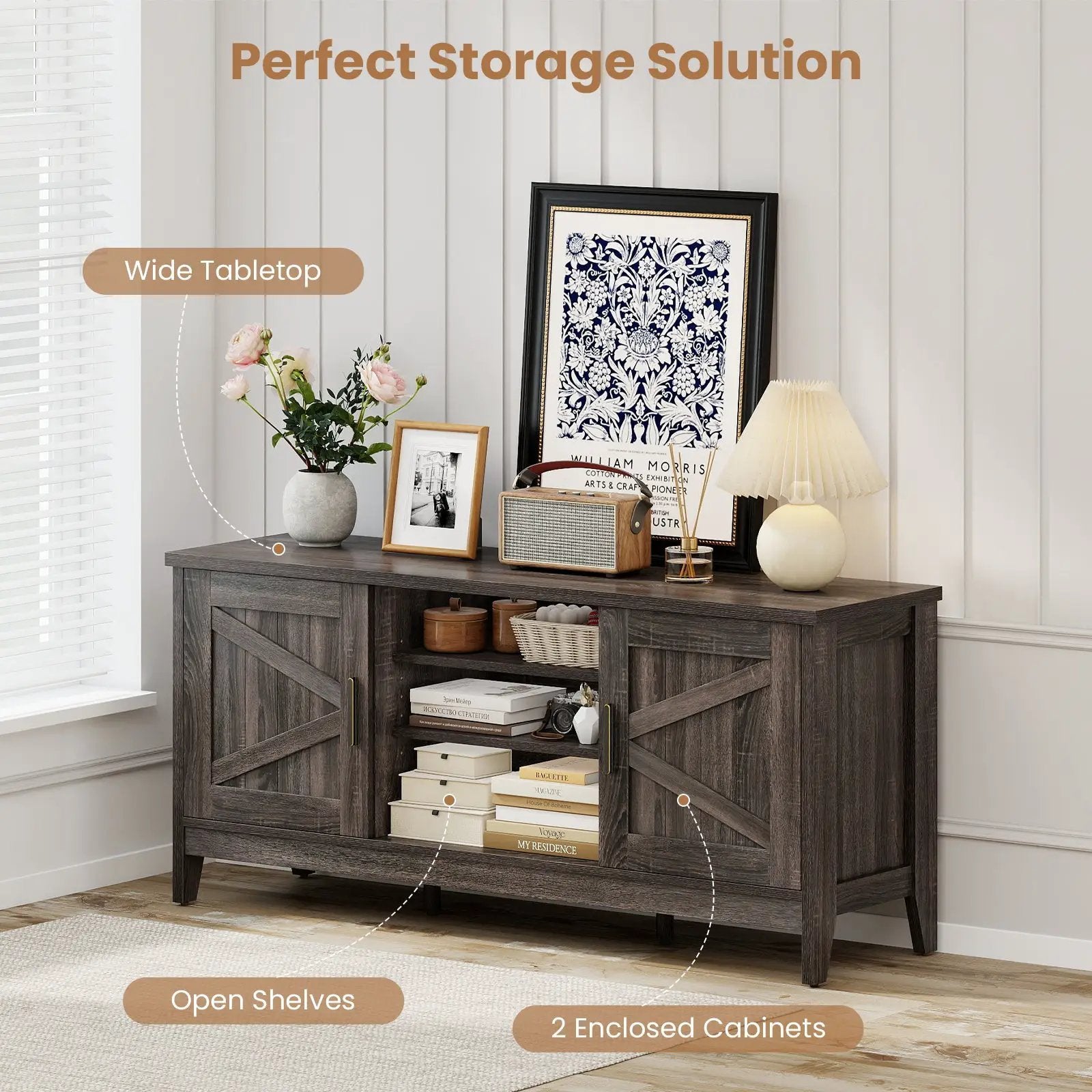 Farmhouse TV Stand for TVs up to 65 Inch Entertainment Center with 2 Storage Cabinets-Gray by DirectDeals