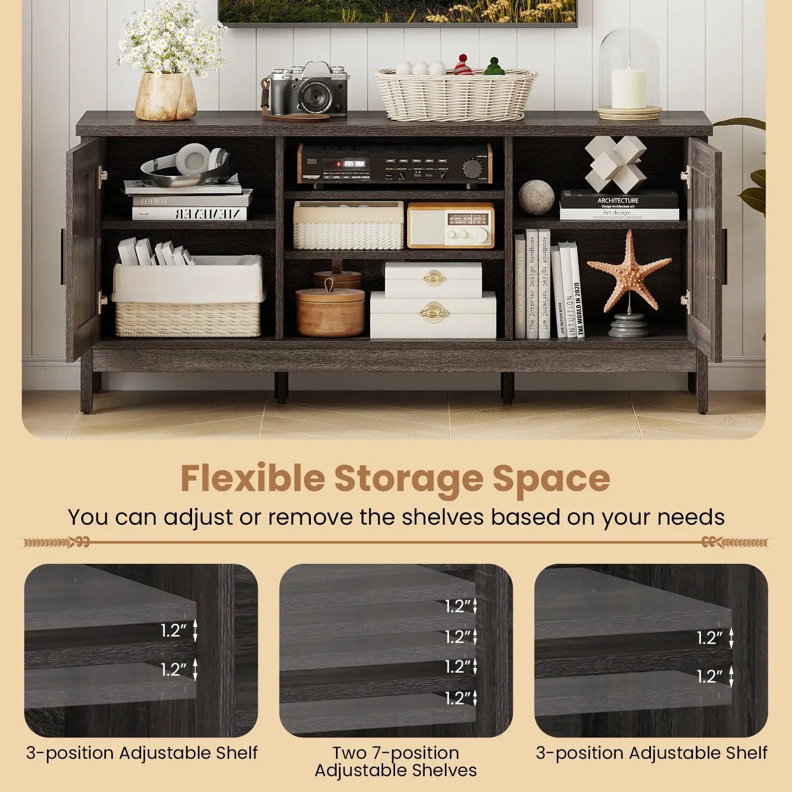 Farmhouse TV Stand for TVs up to 65 Inch Entertainment Center with 2 Storage Cabinets-Gray by DirectDeals