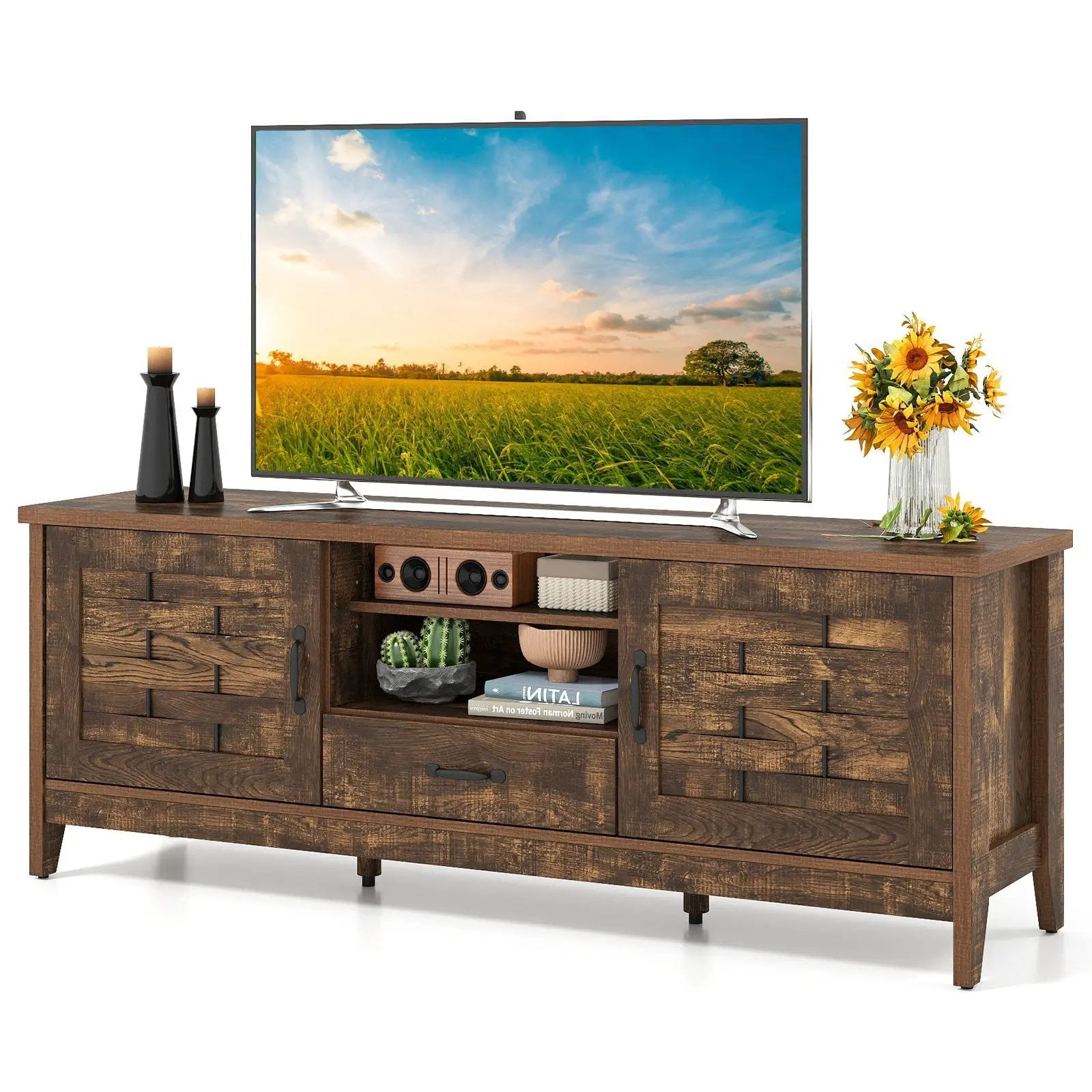 Farmhouse TV Stand for 65 Inch TVs with 2 Woven Accent Doors and 3 Adjustable Shelves by DirectDeals