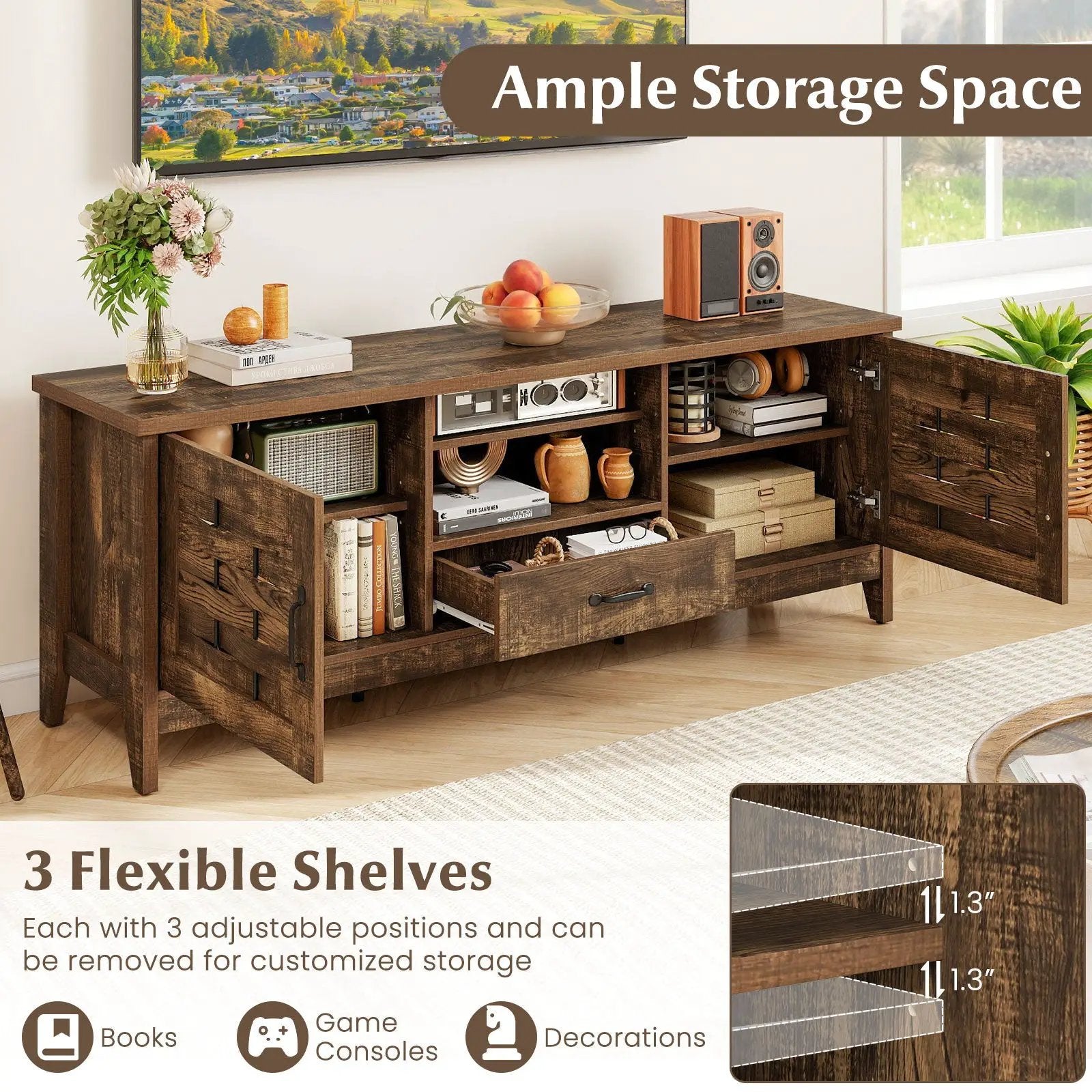 Farmhouse TV Stand for 65 Inch TVs with 2 Woven Accent Doors and 3 Adjustable Shelves by DirectDeals