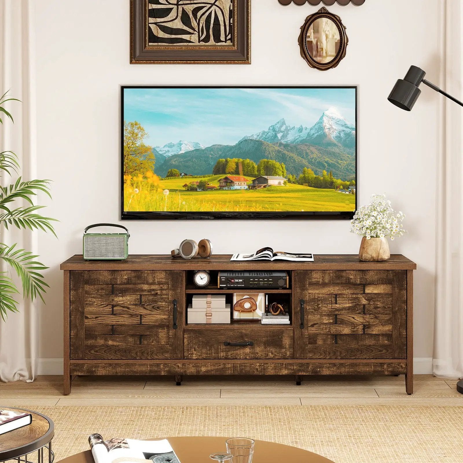 Farmhouse TV Stand for 65 Inch TVs with 2 Woven Accent Doors and 3 Adjustable Shelves by DirectDeals