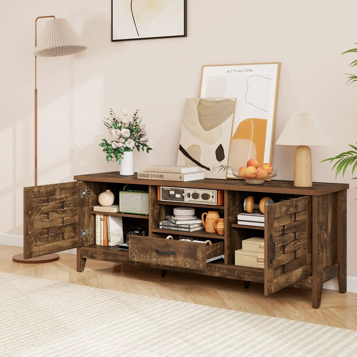 Farmhouse TV Stand for 65 Inch TVs with 2 Woven Accent Doors and 3 Adjustable Shelves by DirectDeals