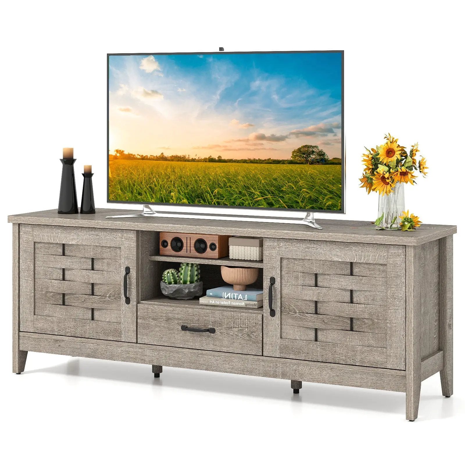 Farmhouse TV Stand for 65 Inch TVs with 2 Woven Accent Doors and 3 Adjustable Shelves by DirectDeals