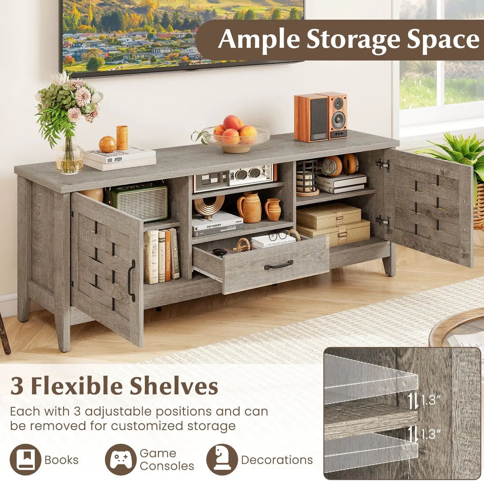 Farmhouse TV Stand for 65 Inch TVs with 2 Woven Accent Doors and 3 Adjustable Shelves by DirectDeals