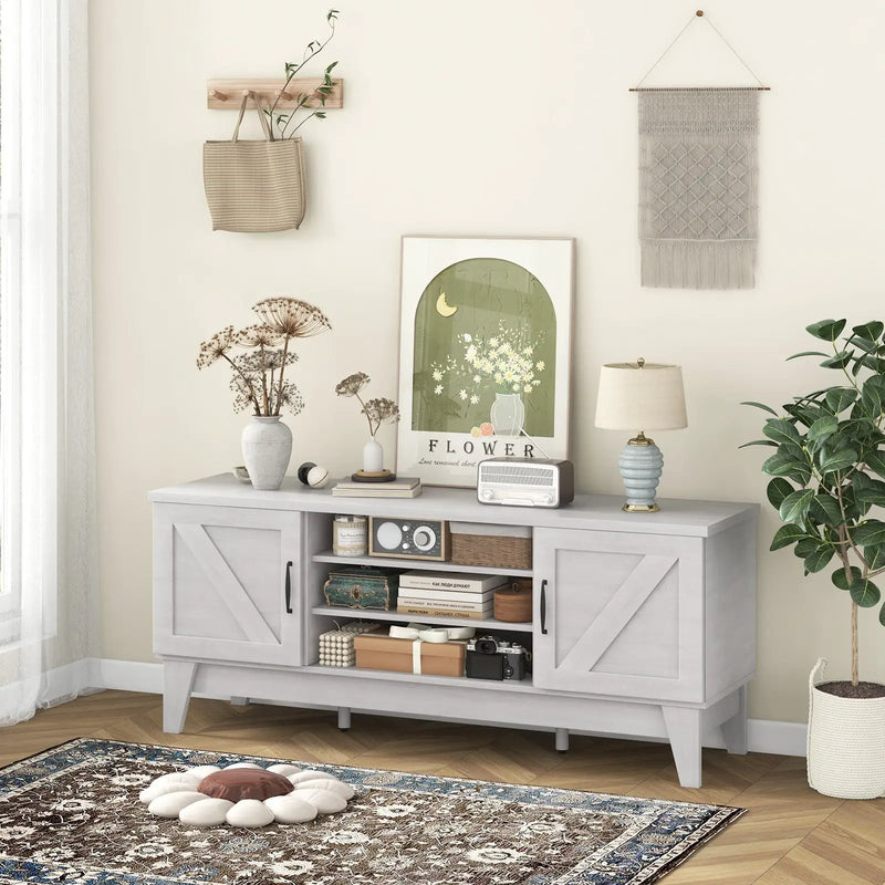 Farmhouse TV Stand for TVs Up to 65 Inches with 2 Barn Door Cabinets-Gray by DirectDeals