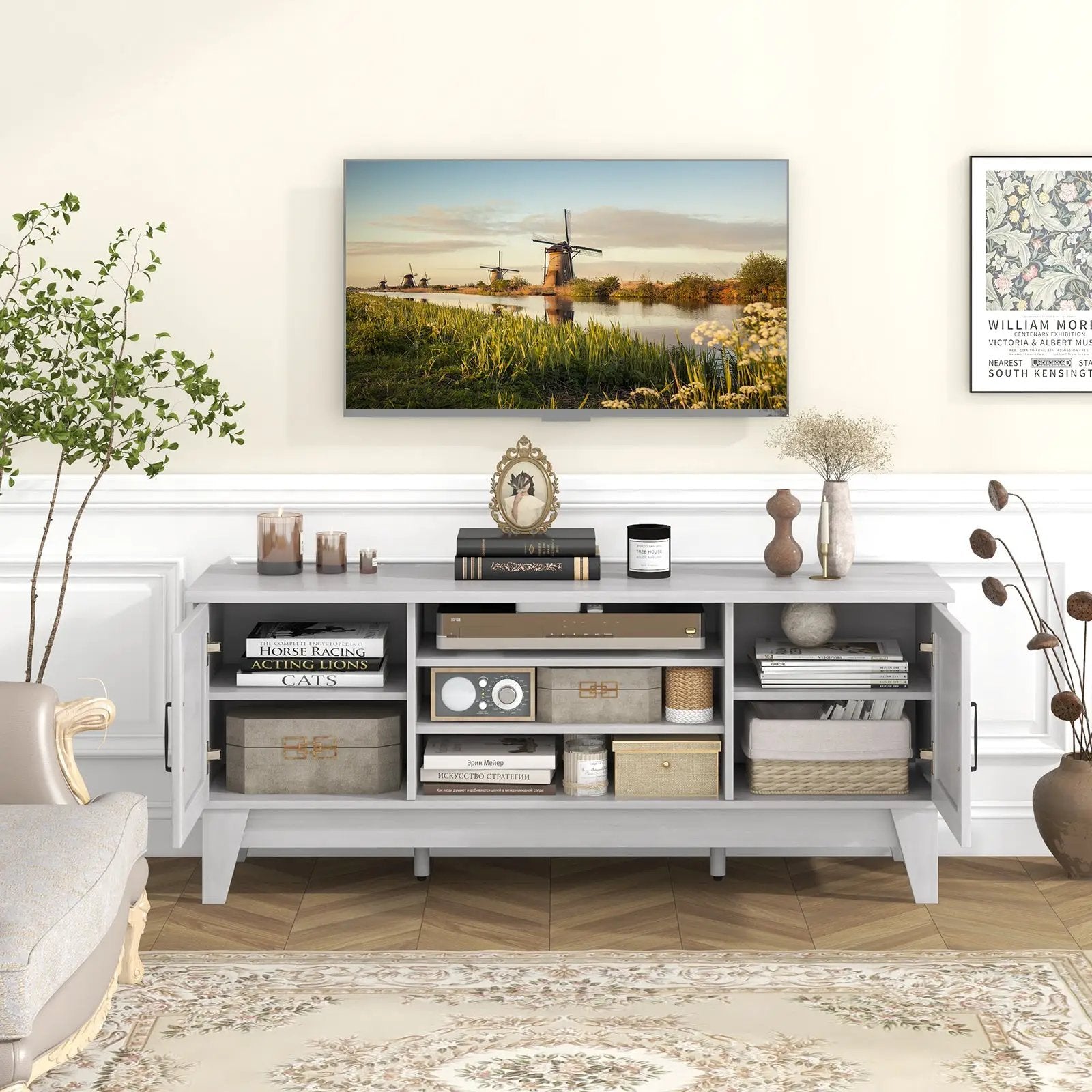 Farmhouse TV Stand for TVs Up to 65 Inches with 2 Barn Door Cabinets-Gray by DirectDeals