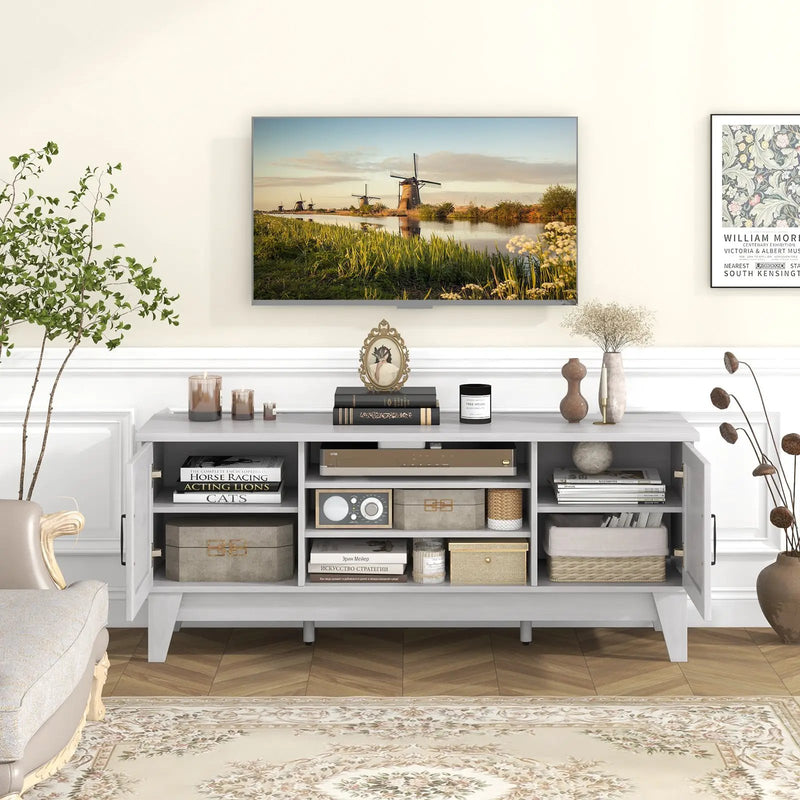 Farmhouse TV Stand for TVs Up to 65 Inches with 2 Barn Door Cabinets-Gray by DirectDeals