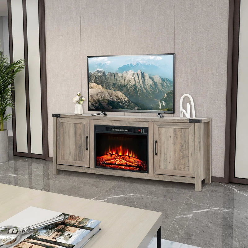 Electric Fireplace TV Stand with Storage Cabinets for TVs up to 70 Inch-Natural by DirectDeals