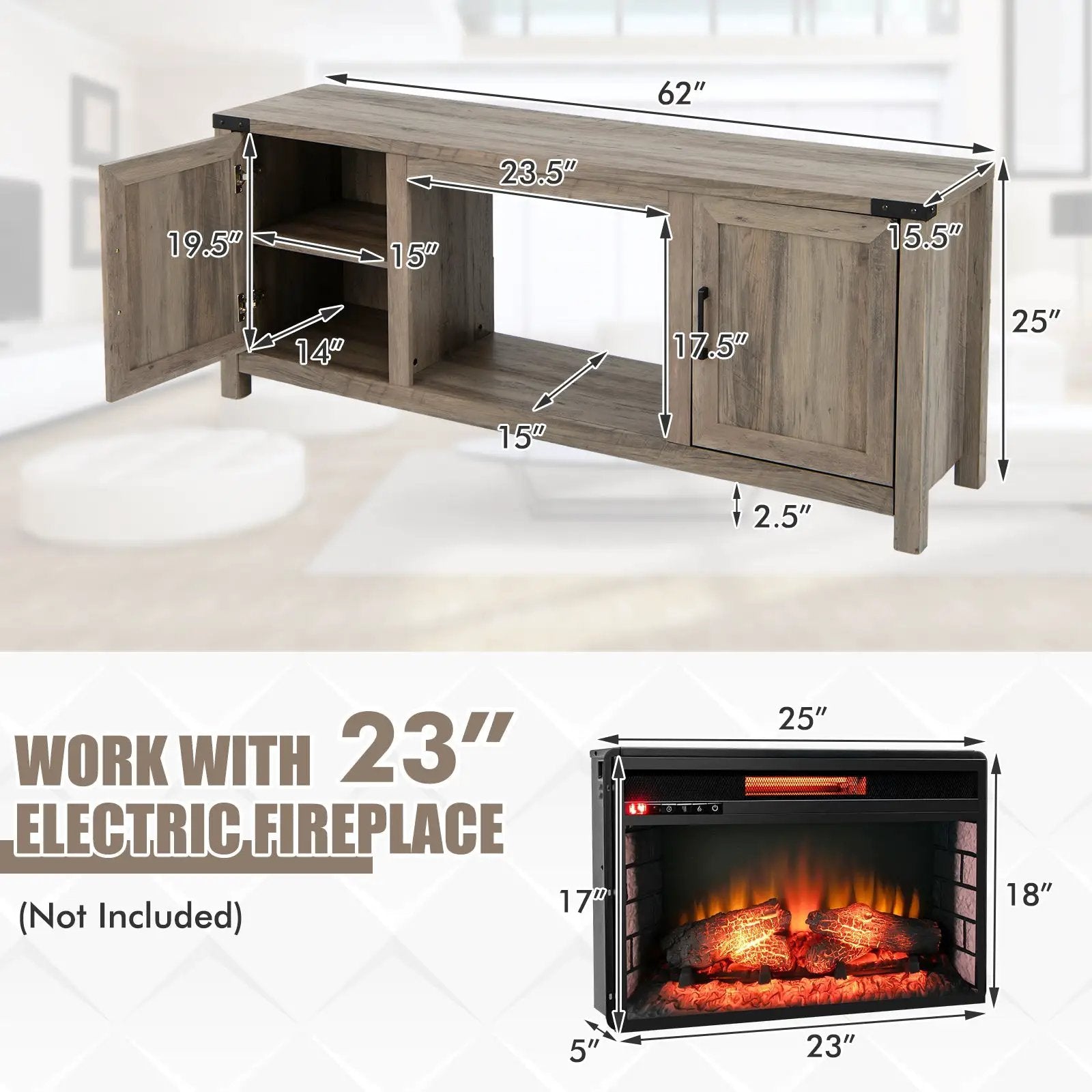Electric Fireplace TV Stand with Storage Cabinets for TVs up to 70 Inch-Natural by DirectDeals
