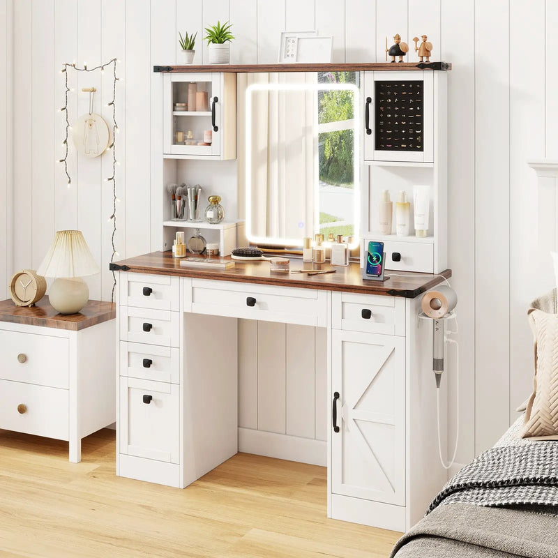 Farmhouse Vanity Desk with Lighted Mirror and 3 Doors-White by DirectDeals