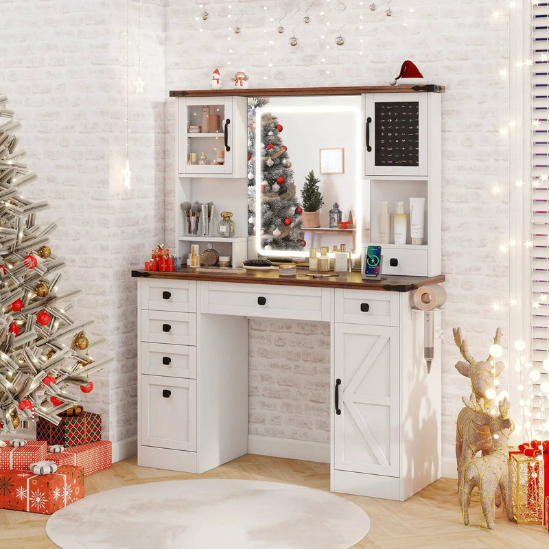 Farmhouse Vanity Desk with Lighted Mirror and 3 Doors-White by DirectDeals