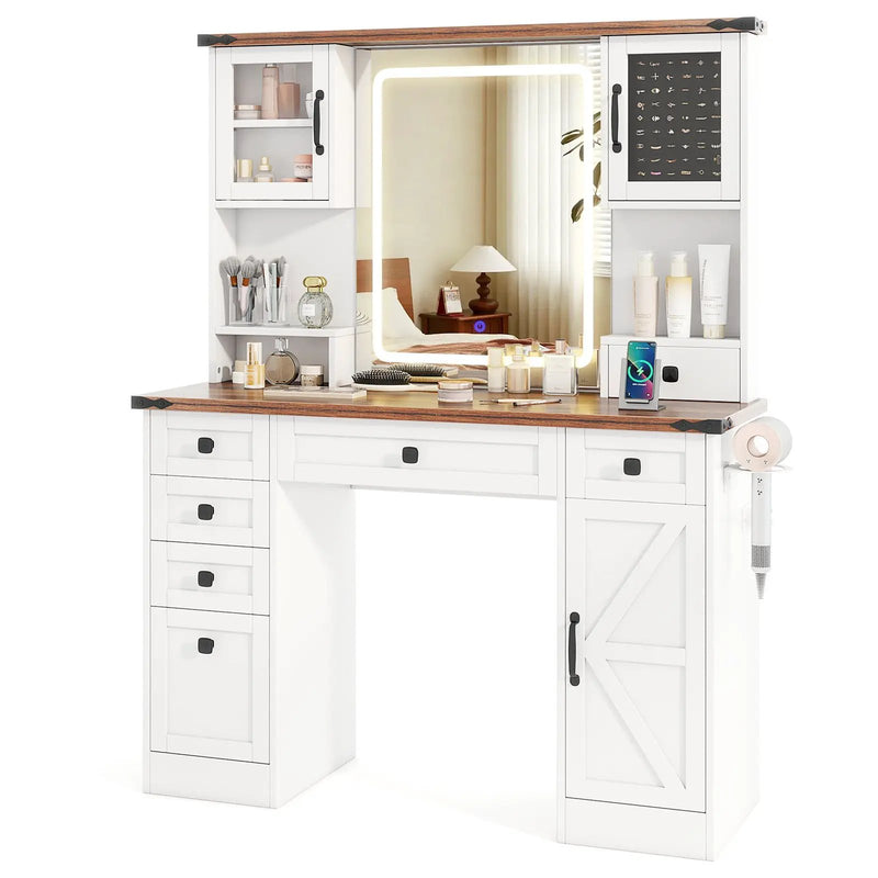Farmhouse Vanity Desk with Lighted Mirror and 3 Doors-White by DirectDeals
