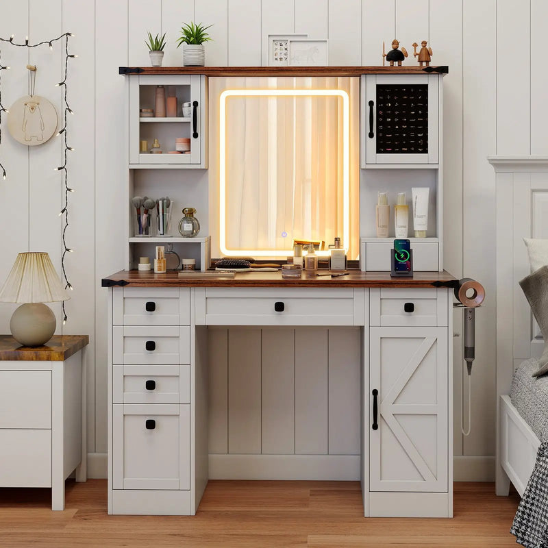 Farmhouse Vanity Desk with Lighted Mirror and 3 Doors-White by DirectDeals
