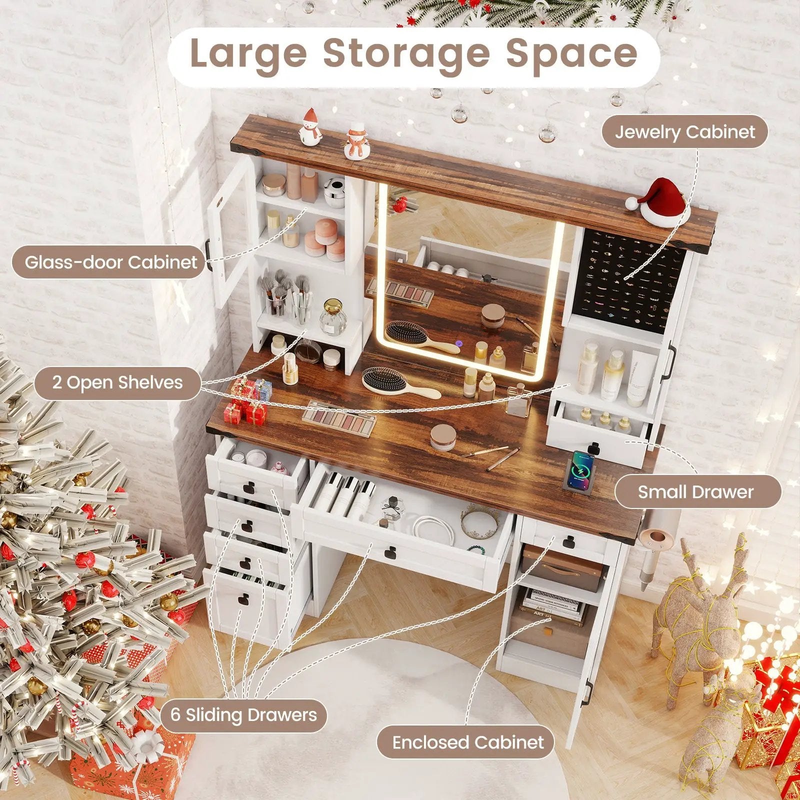 Farmhouse Vanity Desk with Lighted Mirror and 3 Doors-White by DirectDeals