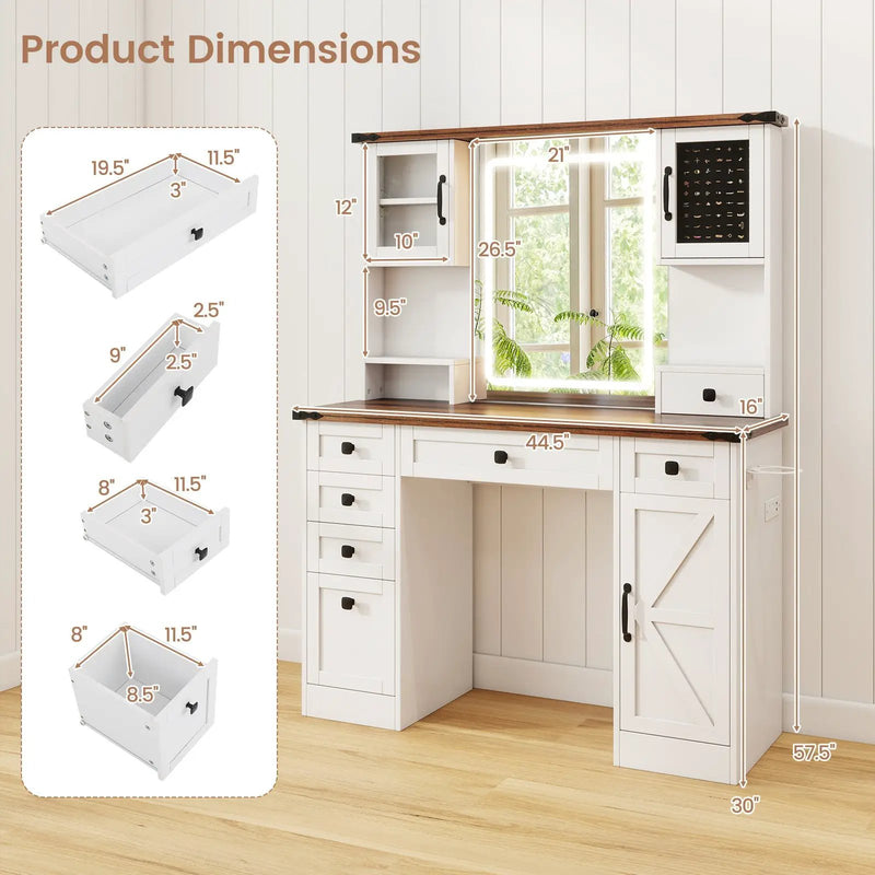 Farmhouse Vanity Desk with Lighted Mirror and 3 Doors-White by DirectDeals