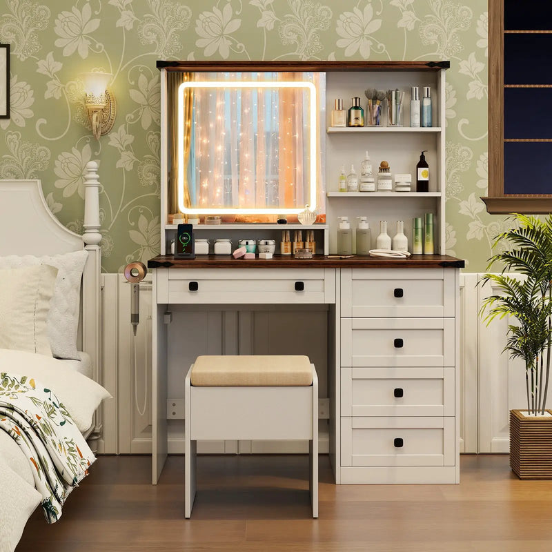 Farmhouse Vanity Set with Mirror and 3-Color Lighting-White by DirectDeals
