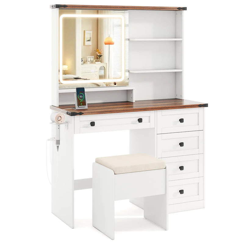 Farmhouse Vanity Set with Mirror and 3-Color Lighting-White by DirectDeals