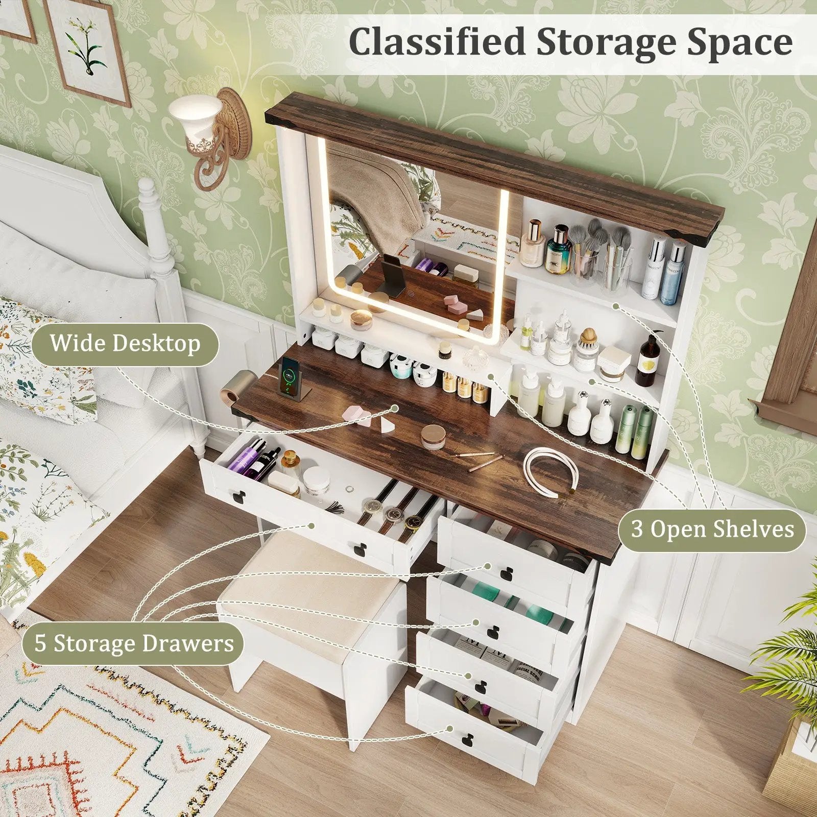 Farmhouse Vanity Set with Mirror and 3-Color Lighting-White by DirectDeals