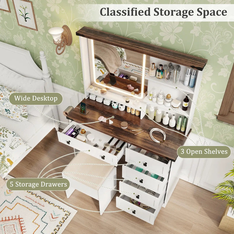 Farmhouse Vanity Set with Mirror and 3-Color Lighting-White by DirectDeals