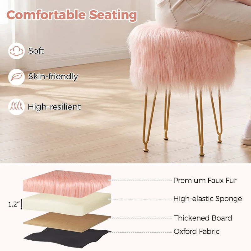 Faux Fur Vanity Stool Chair with Metal Legs for Bedroom and Living Room by DirectDeals
