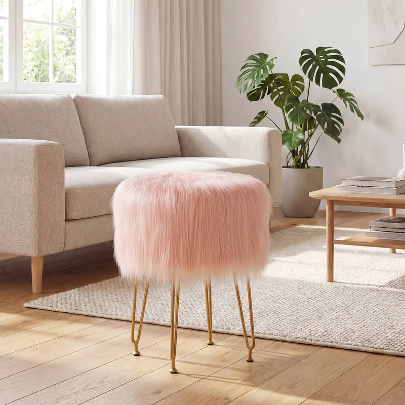 Faux Fur Vanity Stool Chair with Metal Legs for Bedroom and Living Room by DirectDeals
