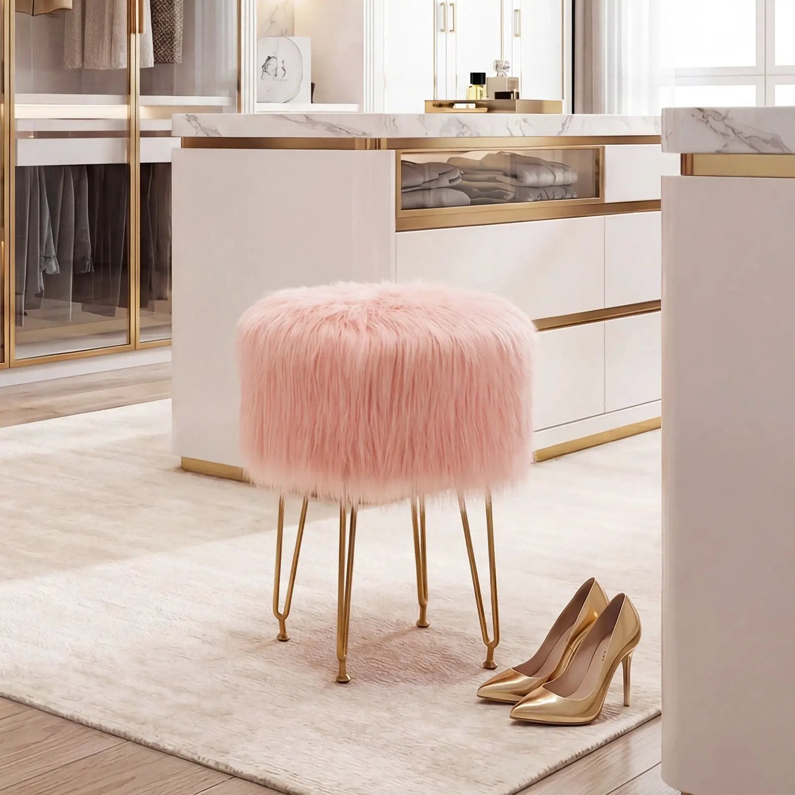 Faux Fur Vanity Stool Chair with Metal Legs for Bedroom and Living Room by DirectDeals