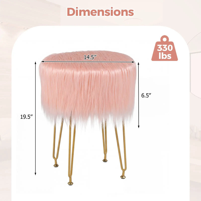 Faux Fur Vanity Stool Chair with Metal Legs for Bedroom and Living Room by DirectDeals