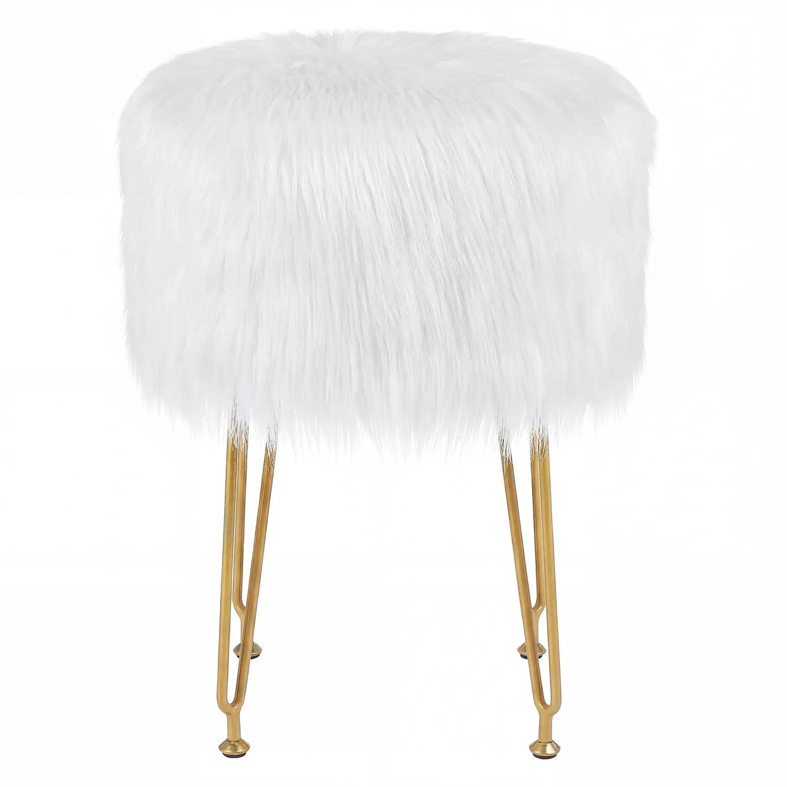 Faux Fur Vanity Stool Chair with Metal Legs for Bedroom and Living Room by DirectDeals