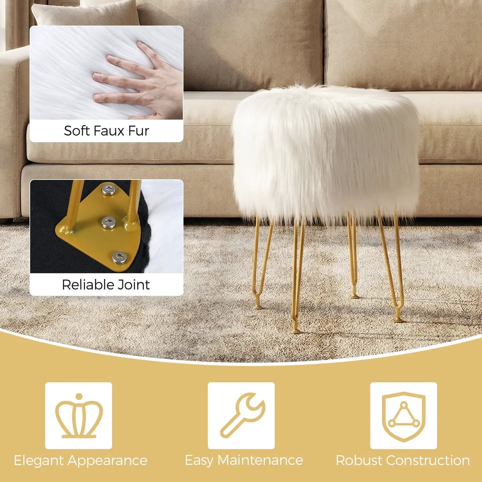 Faux Fur Vanity Stool Chair with Metal Legs for Bedroom and Living Room by DirectDeals