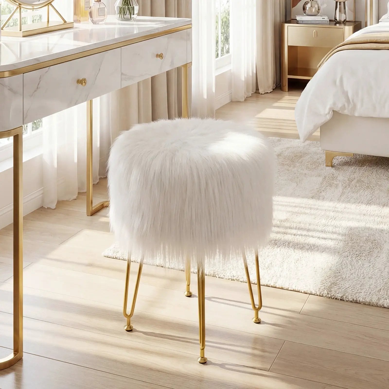 Faux Fur Vanity Stool Chair with Metal Legs for Bedroom and Living Room by DirectDeals