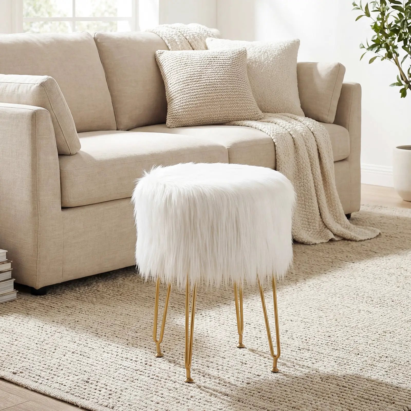 Faux Fur Vanity Stool Chair with Metal Legs for Bedroom and Living Room by DirectDeals