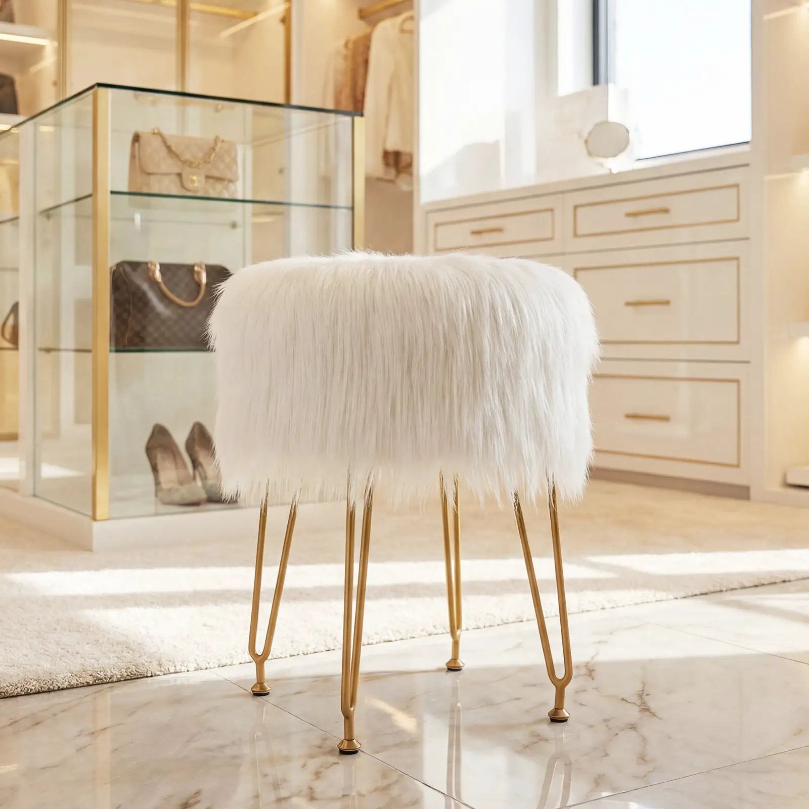 Faux Fur Vanity Stool Chair with Metal Legs for Bedroom and Living Room by DirectDeals