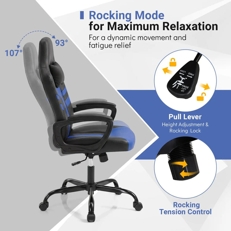 Ergonomic Gaming Chair with Removable Head Pillow & Rocking by DirectDeals